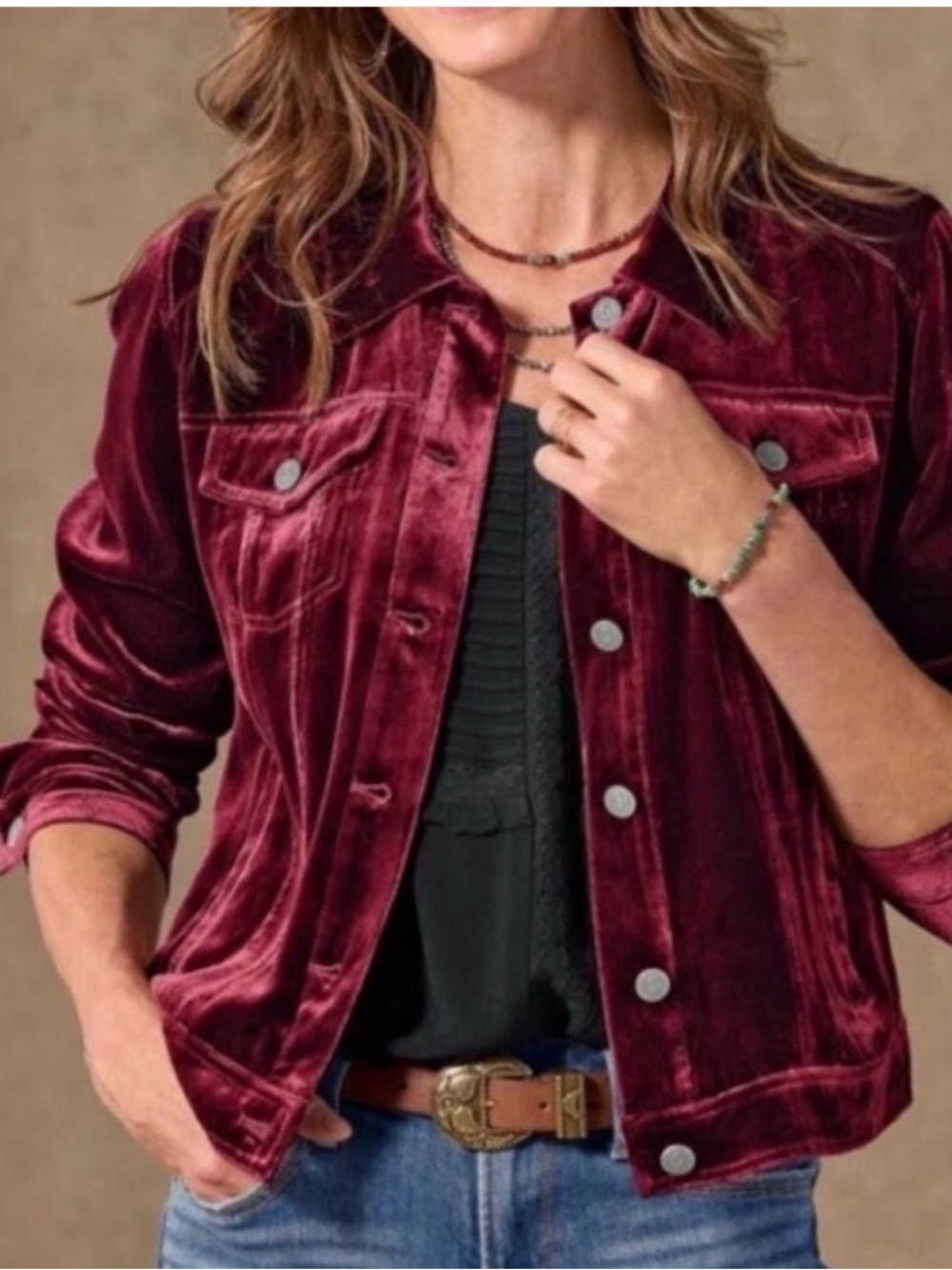 Sundance Wren ll Velvet Trucker Jacket in Rich Burgundy/Wine, Size M